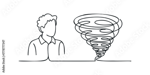 Man observes swirling vortex in continuous line drawing