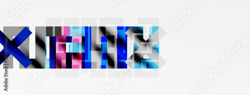 Abstract graphic design features colorful, fragmented text. Letters overlap, creating dynamic visual effect. Minimalist style, white background.