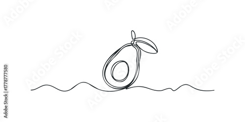 Single line drawing of a halved avocado with leaves