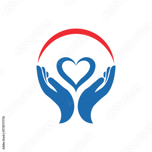 Two blue hands holding a red arc and blue heart