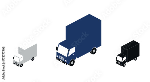 Isometric delivery trucks in various sizes and colors