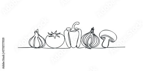 Single Line Drawing Of Assorted Fresh Vegetables