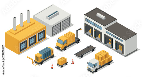 Isometric industrial buildings and vehicles set for logistics and manufacturing