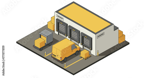 Isometric warehouse with delivery trucks and storage boxes for logistics and distribution concepts