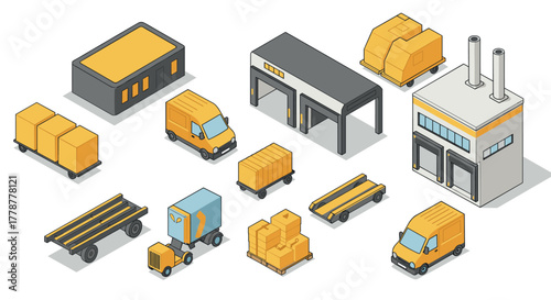 Isometric warehouse and logistics icons featuring trucks and cargo