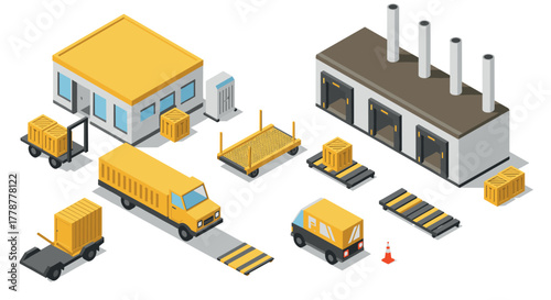 Isometric warehouse logistics with trucks and forklifts for efficient delivery and storage