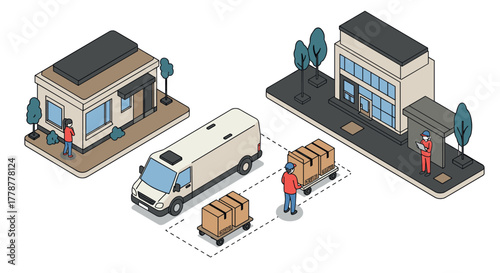Isometric package delivery process with van, workers, and buildings