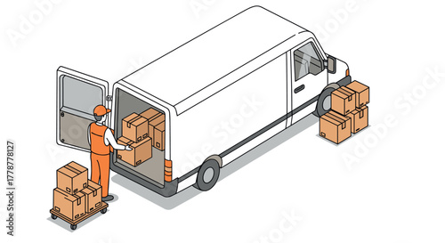 Isometric delivery scene with worker unloading packages from a van