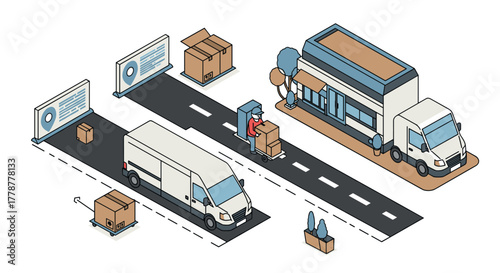 Isometric delivery scene with trucks and warehouse elements for ecommerce logistics