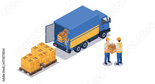 Delivery workers loading beverage crates into truck in isometric style