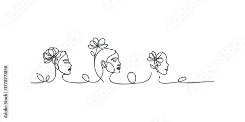 Continuous line drawing of three women's faces with flowers