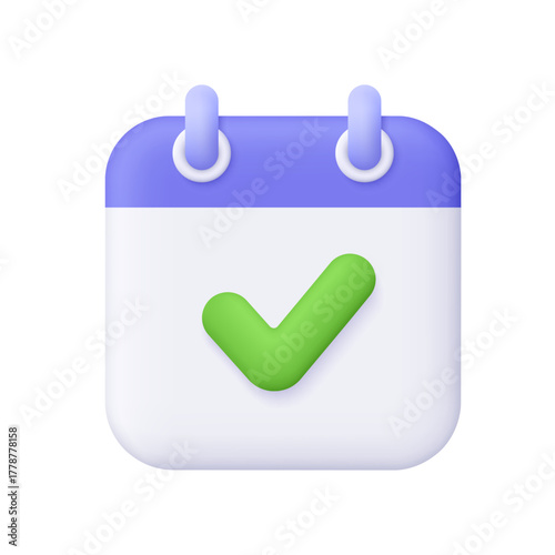 Purple and white calendar with green check mark. Business, productivity, organization, schedule, event reminder, task completion, successful planning concept. 3d vector icon. Cartoon minimal style.