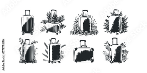 Various luggage pieces with floral and leaf arrangements