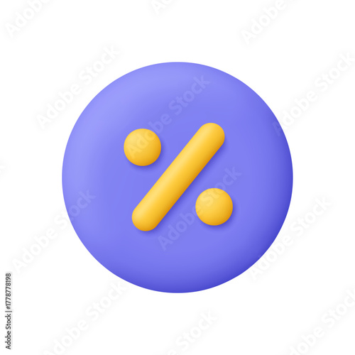 Yellow percent symbol on purple circle button. Percentage, discount, sale, promotion, financial calculation concept. 3d vector icon. Cartoon minimal style.