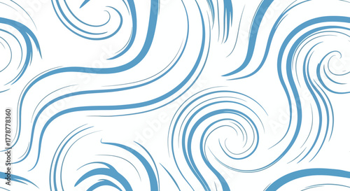 Blue swirling lines on white create a pattern evoking movement