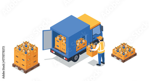 Isometric delivery truck with bottles and worker unloading cargo