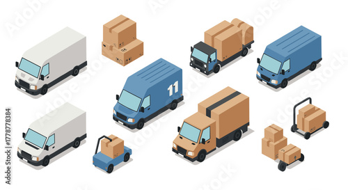 Isometric delivery trucks and cargo boxes set for logistics and shipping