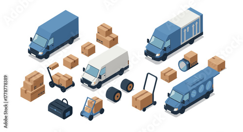 Isometric delivery vehicles and packages set for logistics and transportation concepts
