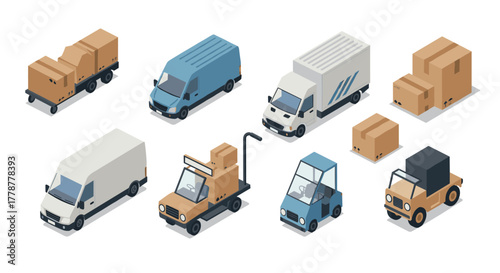 Isometric delivery and freight vehicles with cargo boxes on white background
