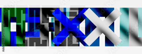 Abstract geometric composition. Rectangles overlap, creating complex visual texture. Blue, green, gray dominate palette. Minimalist design.