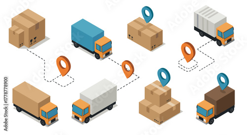 Isometric delivery trucks with packages and location pins for shipping and logistics