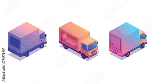 Colorful isometric box trucks with gradient style for transport and logistics design