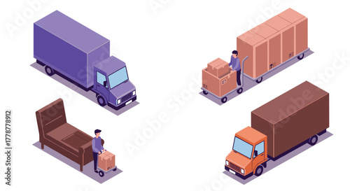 Isometric delivery trucks and workers with cargo in warehouse setting