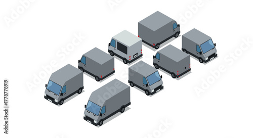 Modern isometric delivery van fleet on white background