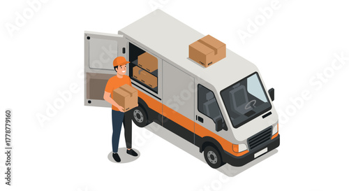 Delivery worker unloading boxes from a van in isometric style on white background
