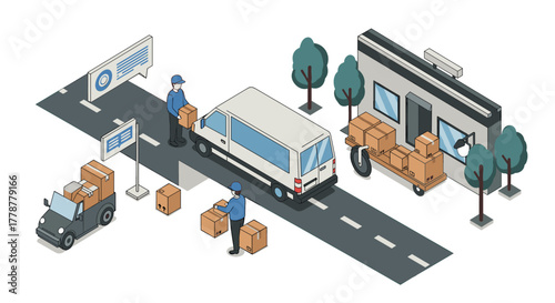 Isometric delivery scene with workers and packages in an urban setting