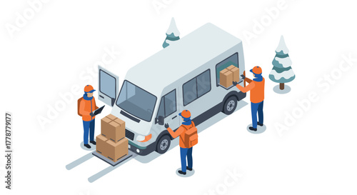 Delivery team loading packages into cargo van in snowy winter landscape
