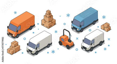 Isometric delivery vehicles and boxes set with trucks and vans