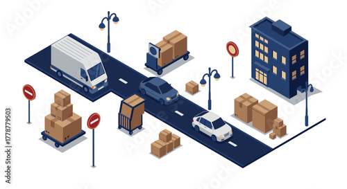 Urban delivery scene with isometric vehicles and packages on a city street
