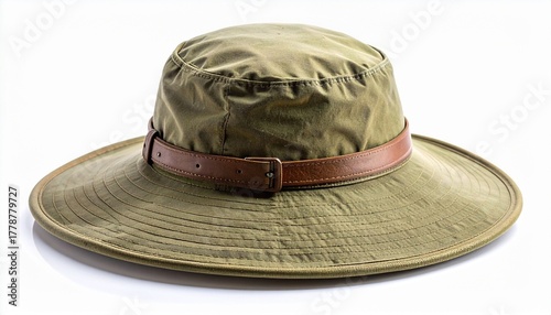 Olive green pith helmet with leather band and buckle for editorial historical photography colonial design and poetic exploration-themed visuals