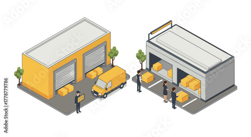 Isometric warehouse and delivery scene with boxes and people interaction