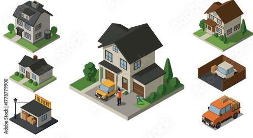 Isometric house set with delivery vehicles and garage