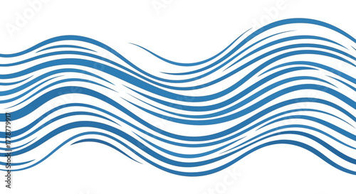 Blue wavy lines varied thickness layered forming a fluid horizontal pattern on a white background