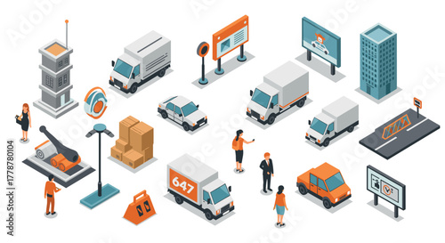 Isometric logistics and delivery scene with trucks, cars, and office buildings
