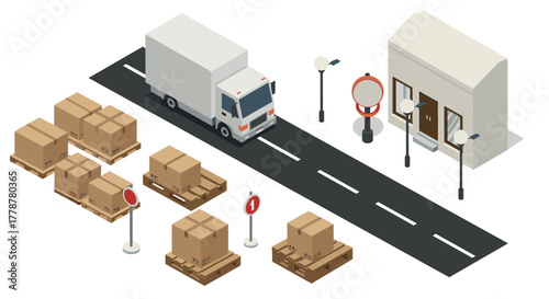 Isometric urban delivery scene with truck and packages on roadside