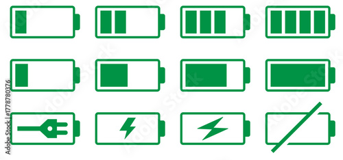 Battery icon set in black and colours. Colourful style vector icons. Battery charge indicator. Battery level, energy, full. Power low up status batteries logo. vector icons. 
