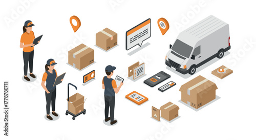 Efficient delivery process with isometric design elements and modern icons