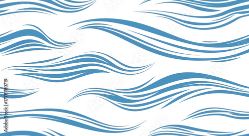 Multiple layered blue wave shapes on a white background create a pattern evoking movement