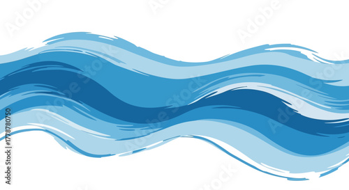 Paintedstyle waves in blue hues traverse horizontally across a white background