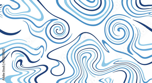 Swirling blue lines of varied thickness on a white background create an abstract wavy pattern