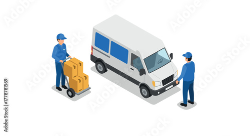 Isometric delivery service with van and workers loading packages