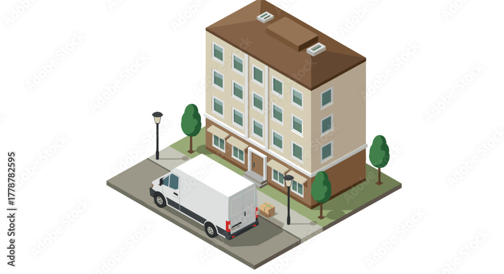 Fototapeta premium Urban apartment with delivery van in isometric style featuring trees and street lights