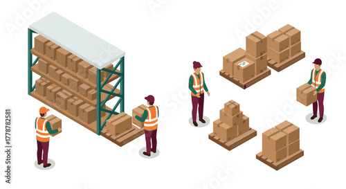 Warehouse logistics isometric concept with workers and cardboard boxes on pallets