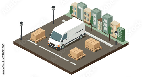Isometric delivery van in urban street with stacked boxes near modern buildings