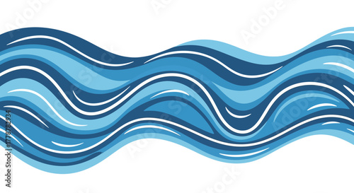 Wavy horizontally oriented overlapping blue stripes separated by white curved lines on a white background