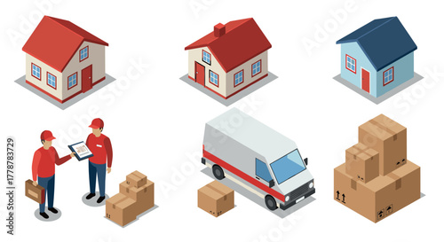 Isometric house and delivery scenes with workers and vehicles for logistics and shipping